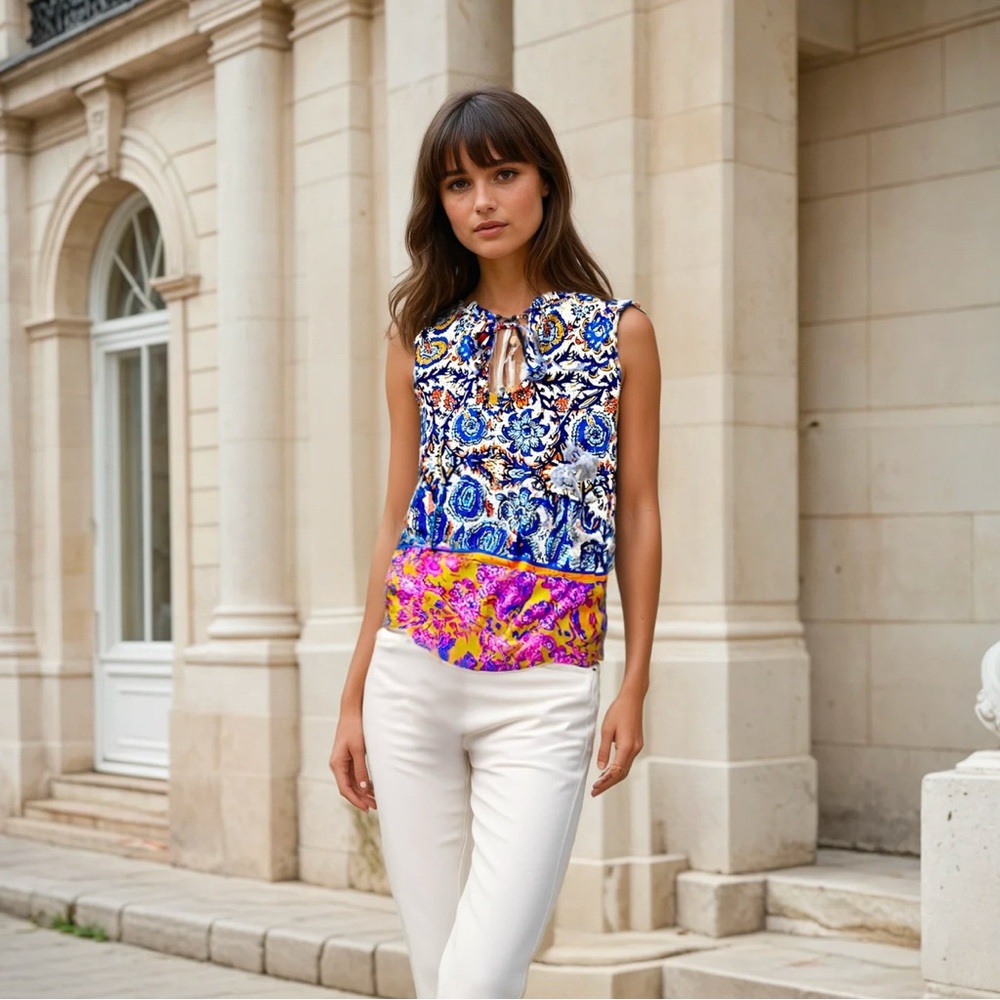 Joie Boho Ruffle Blue & White Paisley Floral Sleeveless Blouse